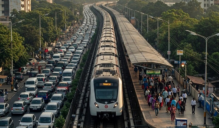 Metro train in motion, reducing traffic congestion and improving urban mobility in Pune.