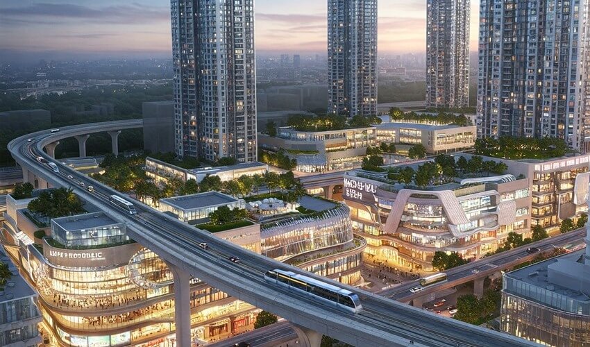 Futuristic view of Life Republic’s growth with metro stations, new developments, and business hubs.