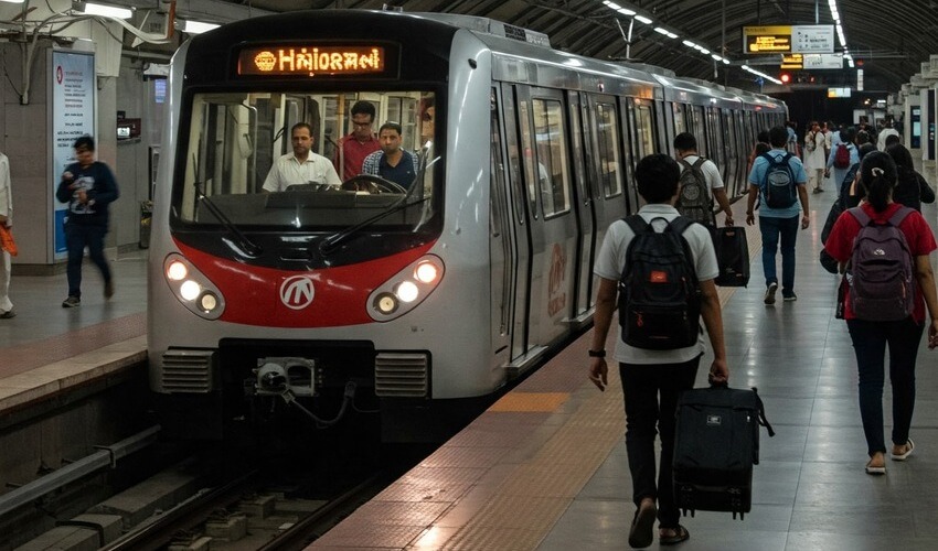 Commuters boarding a metro train, showing reduced travel times between key Pune locations.