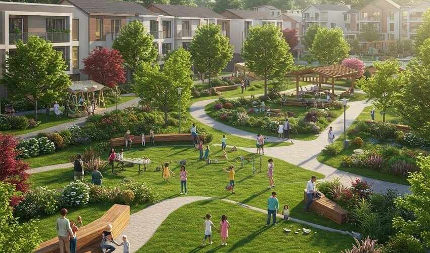 Modern township with green spaces, families enjoying outdoor activities in a serene community.