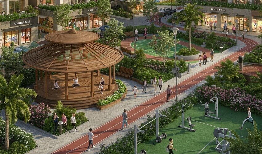 Upscale township amenities like yoga pavilions, jogging tracks, and outdoor gyms.