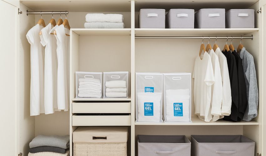Bedroom wardrobe with moisture-absorbing sachets