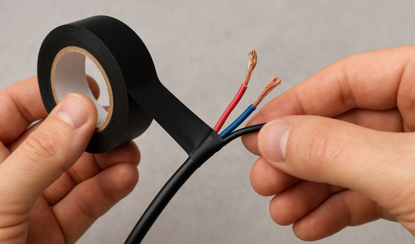 Hands wrapping black electrical tape around exposed wires—insulation, electrical safety, wire repair.