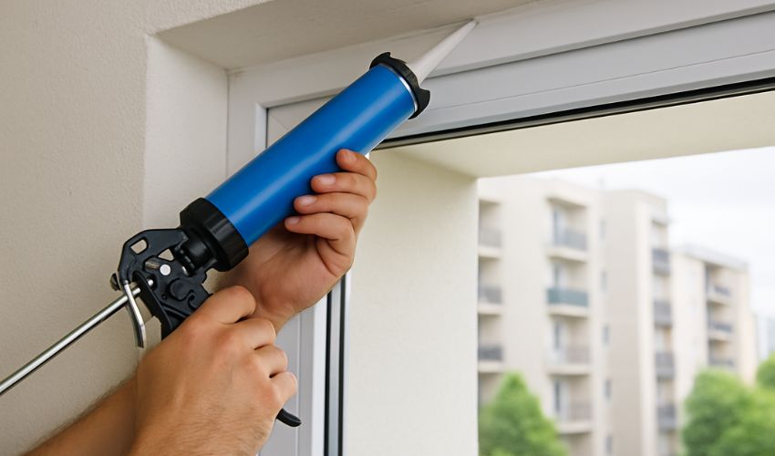 Hands sealing a window frame—monsoon maintenance, waterproofing, sealing.