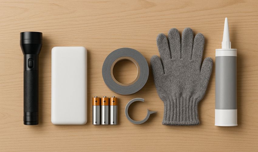Emergency home kit items—flashlight, power bank, batteries, duct tape, work glove, and sealant.