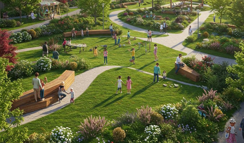 Upscale township amenities like yoga pavilions, jogging tracks, and outdoor gyms.