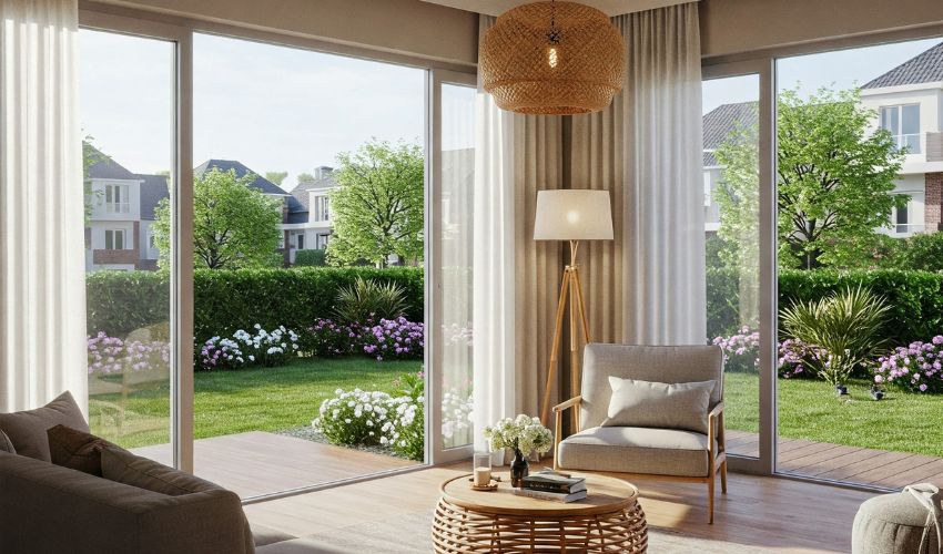 Modern apartment in a township with natural light, open spaces, and landscaped gardens.