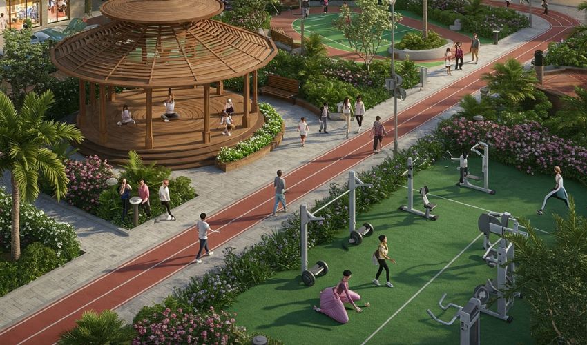 Modern township with green spaces, families enjoying outdoor activities in a serene community.