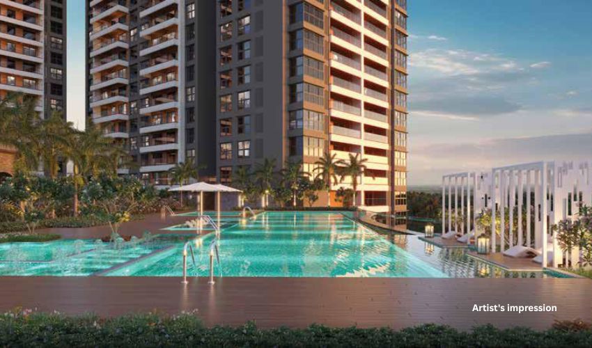 Residents enjoying infinity pool and luxury lifestyle amenities at high-rise apartment
