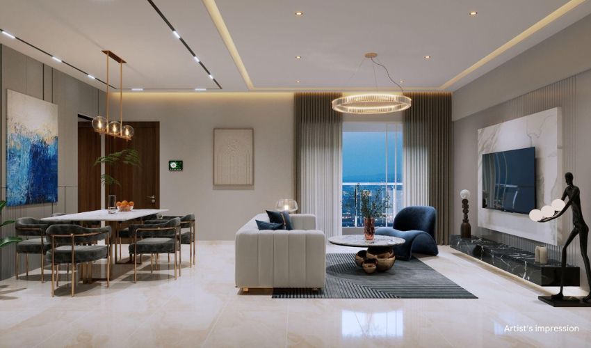 2 BHK apartment in Hinjewadi with modern interiors and metro view from balcony.