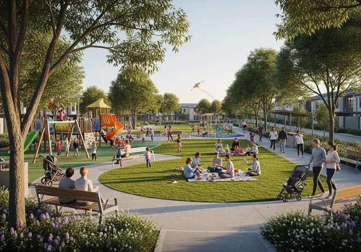 Families enjoying green community spaces in integrated township in Pune’s Hinjewadi