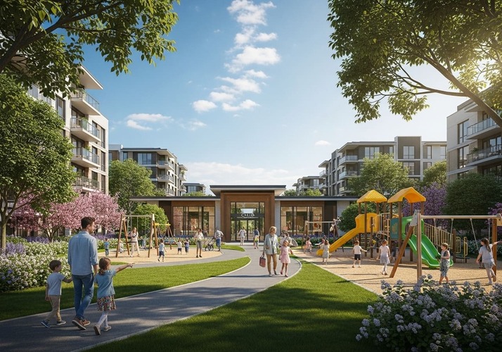 Families enjoying playground and clubhouse in township