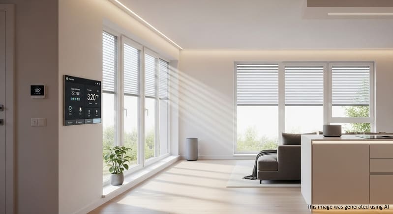 Smart apartment interior with efficient windows and natural lighting