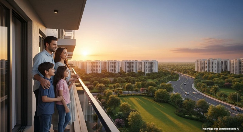 Family enjoying sunset from balcony of new flat in Hinjewadi township