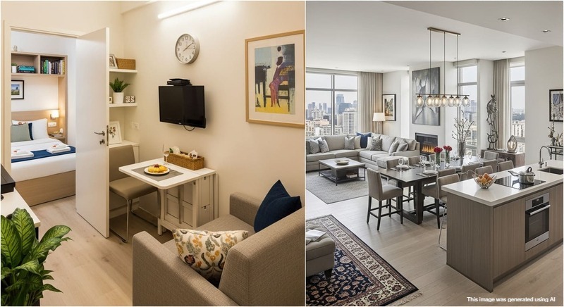 Interior comparison of a 2 BHK and 3 BHK apartment layout with modern furniture