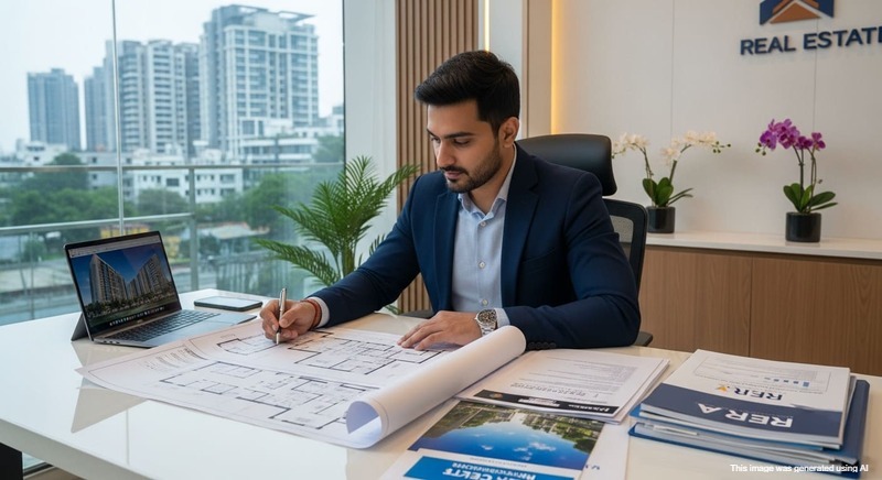 Prospective homebuyer checking flat documents and RERA details in a real estate office