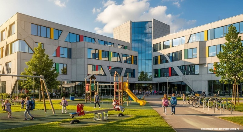 Modern school campus in Hinjewadi with playground and students