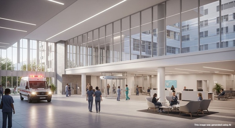 State-of-the-art hospital near Hinjewadi with ambulance, entrance lobby, and healthcare signage visible.