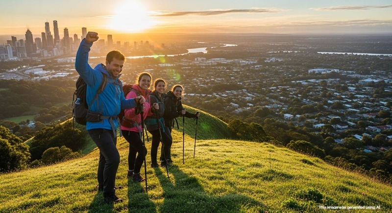 Trekking group at Marunji Hills overlooking Life Republic township real estate projects.
