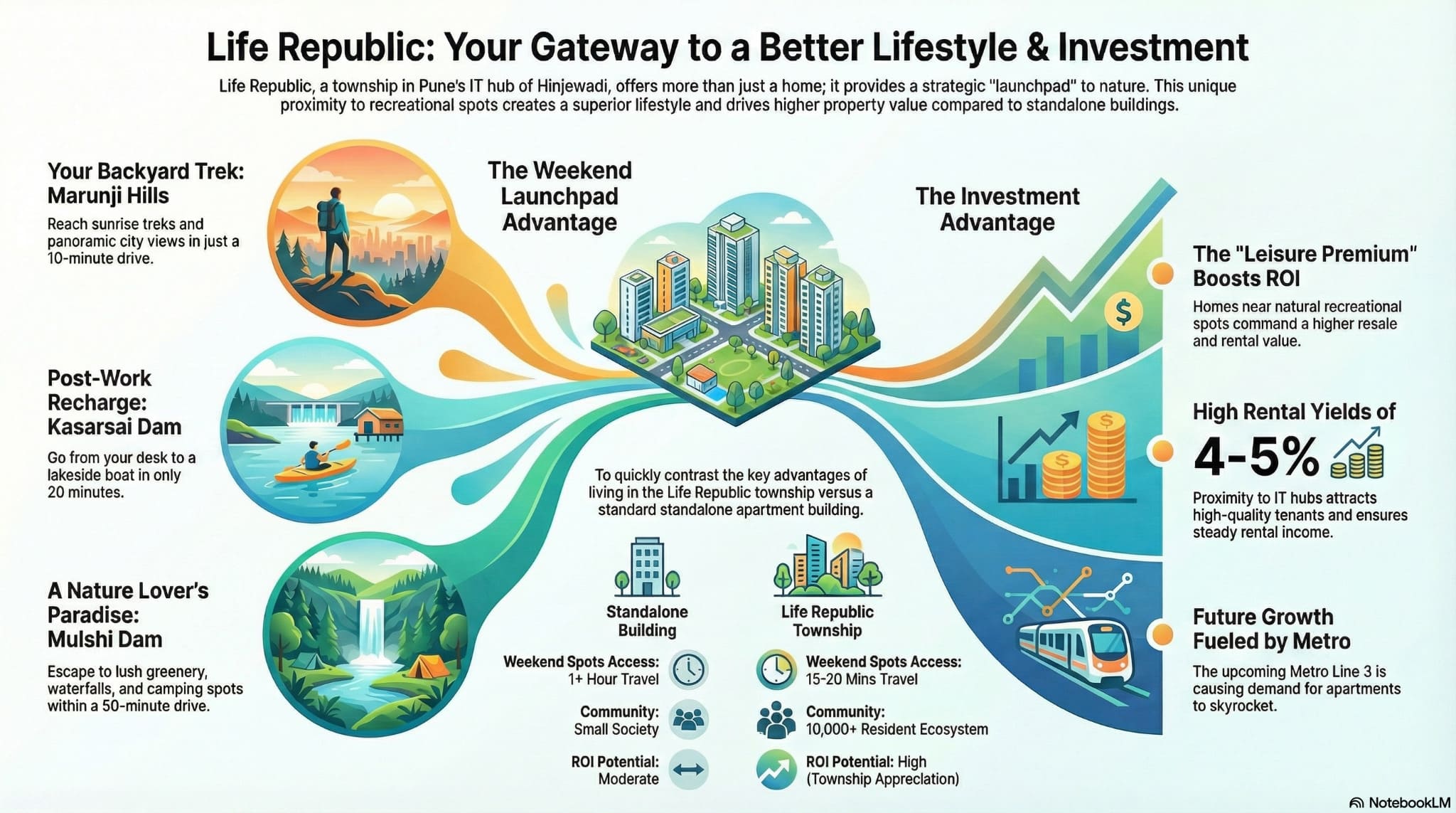 Infographic comparing Life Republic's lifestyle advantages like Marunji and Kasarsai proximity against investment benefits like 4-5% rental yields and metro connectivity.