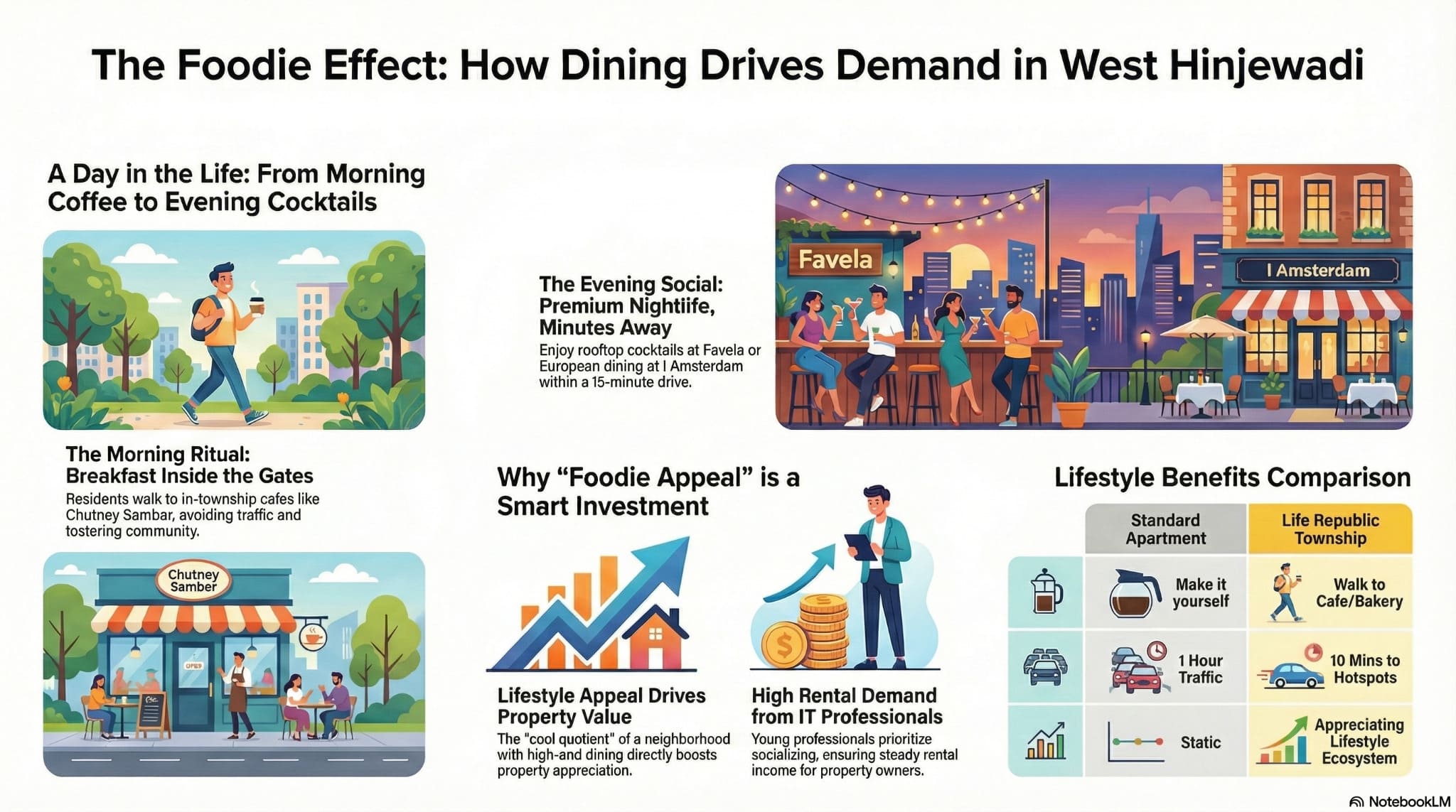 Infographic illustrating how nearby dining options like Chutney Sambar and Favela drive demand and high rental yields for property investment in West Hinjewadi.