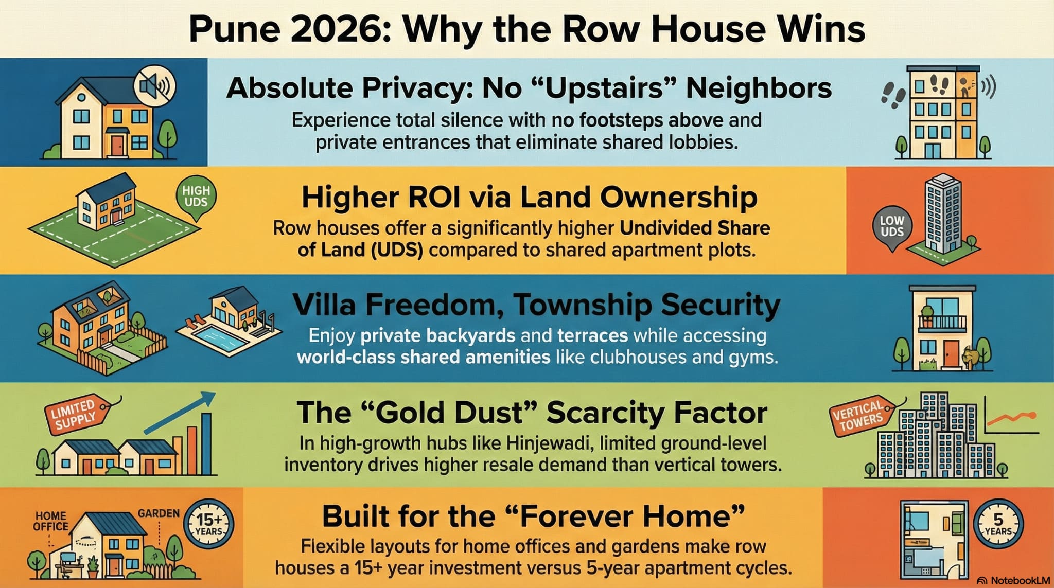 Pune 2026 real estate infographic showing benefits of row houses over apartments, including no upstairs neighbors, higher undivided land share, villa-style freedom, scarcity-driven resale demand, and long-term home investment value.