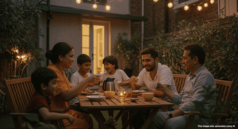 Family enjoying tea in the private backyard of a row house in Pune.
