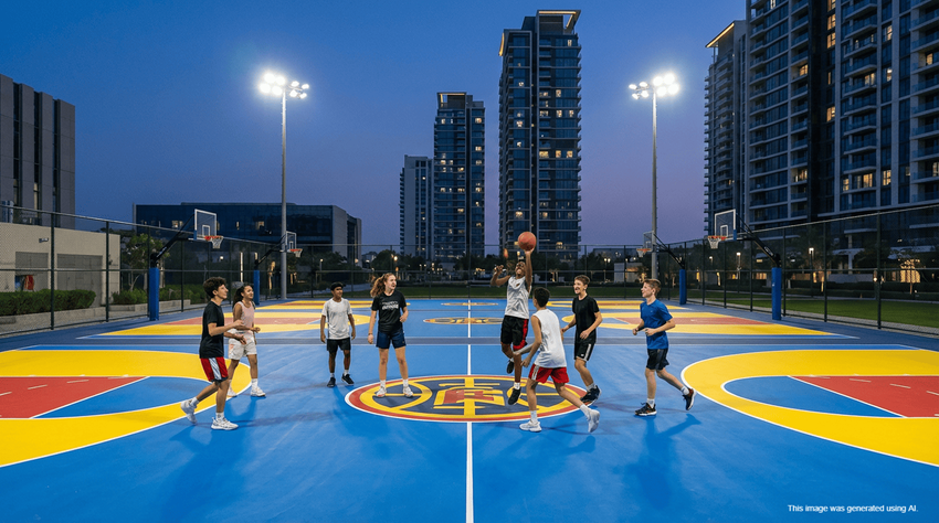 Teenagers playing on the outdoor basketball court, highlighting the sports amenities at Life Republic Pune.