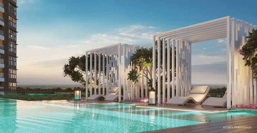 Swimming pool with cabana and floating pavilion amenities at Canvas Life Republic.