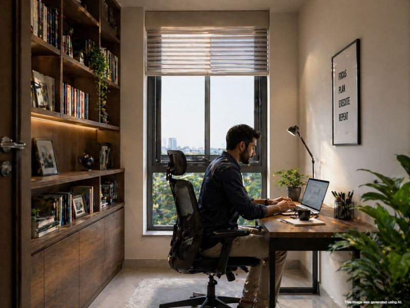 Home office setup in a modern apartment with workspace, bookshelf, and window view in Hinjewadi Pune Home office setup in a modern apartment with workspace, bookshelf, and window view in Hinjewadi Pune