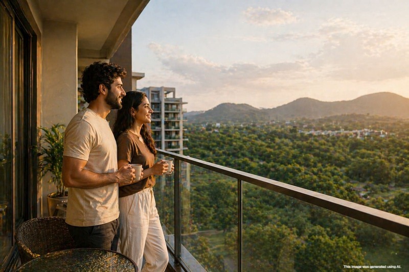 Young couple enjoying balcony view from their new apartment in Hinjewadi township Pune Young couple enjoying balcony view from their new apartment in Hinjewadi township Pune