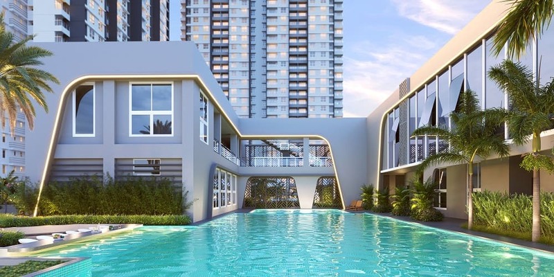 Aerial view of Qrious Life Republic podium with pool sports courts and green gardens Hinjewadi