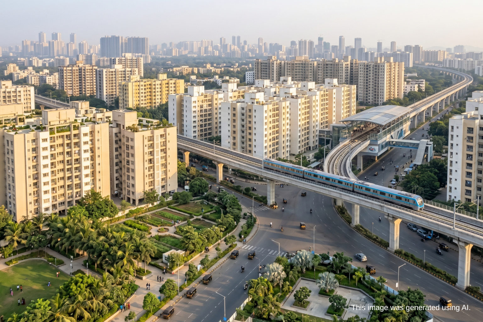 Elevated metro station Pune Line 3 Hinjewadi with modern train