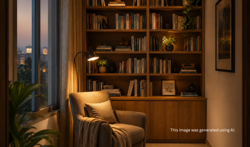 Reading nook with bookshelves and armchair in a 2.5 BHK bonus room, small home decor ideas Reading nook with bookshelves and armchair in a 2.5 BHK bonus room, small home decor ideas