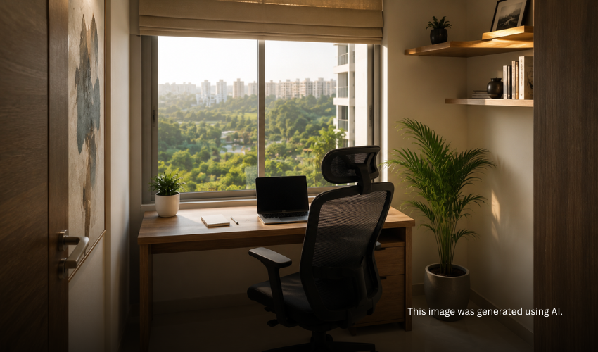 Compact home office setup in the extra half room of a 2.5 BHK flat in Hinjewadi with township view Compact home office setup in the extra half room of a 2.5 BHK flat in Hinjewadi with township view