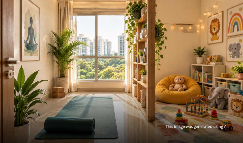 Flexible extra half room used as yoga corner and kids playroom in a 2.5 BHK home in Pune township Flexible extra half room used as yoga corner and kids playroom in a 2.5 BHK home in Pune township