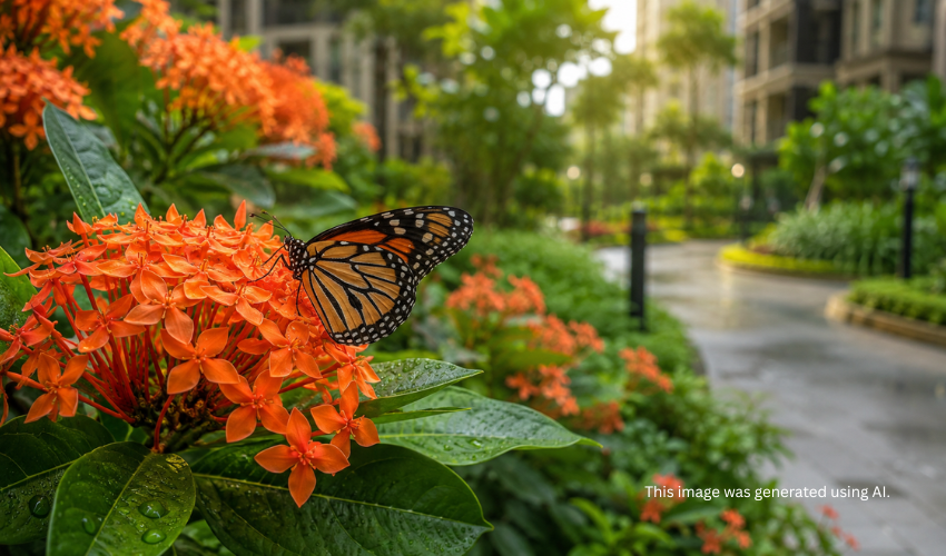 Butterfly on ixora flowers in the landscaped green zone of a sustainable residential community Pune