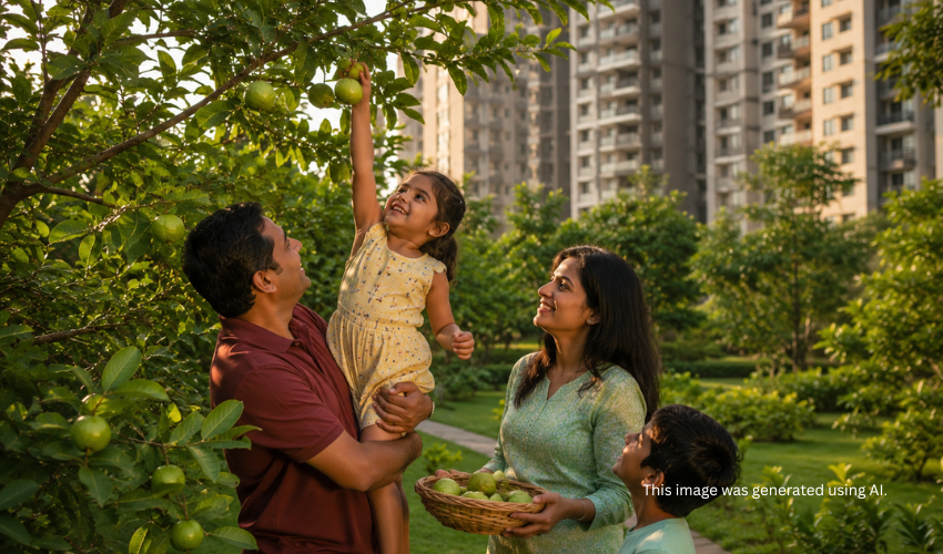 Family harvesting fruit in the community orchard at Qrious, a fruit orchard gated community in Pune Family harvesting fruit in the community orchard at Qrious, a fruit orchard gated community in Pune