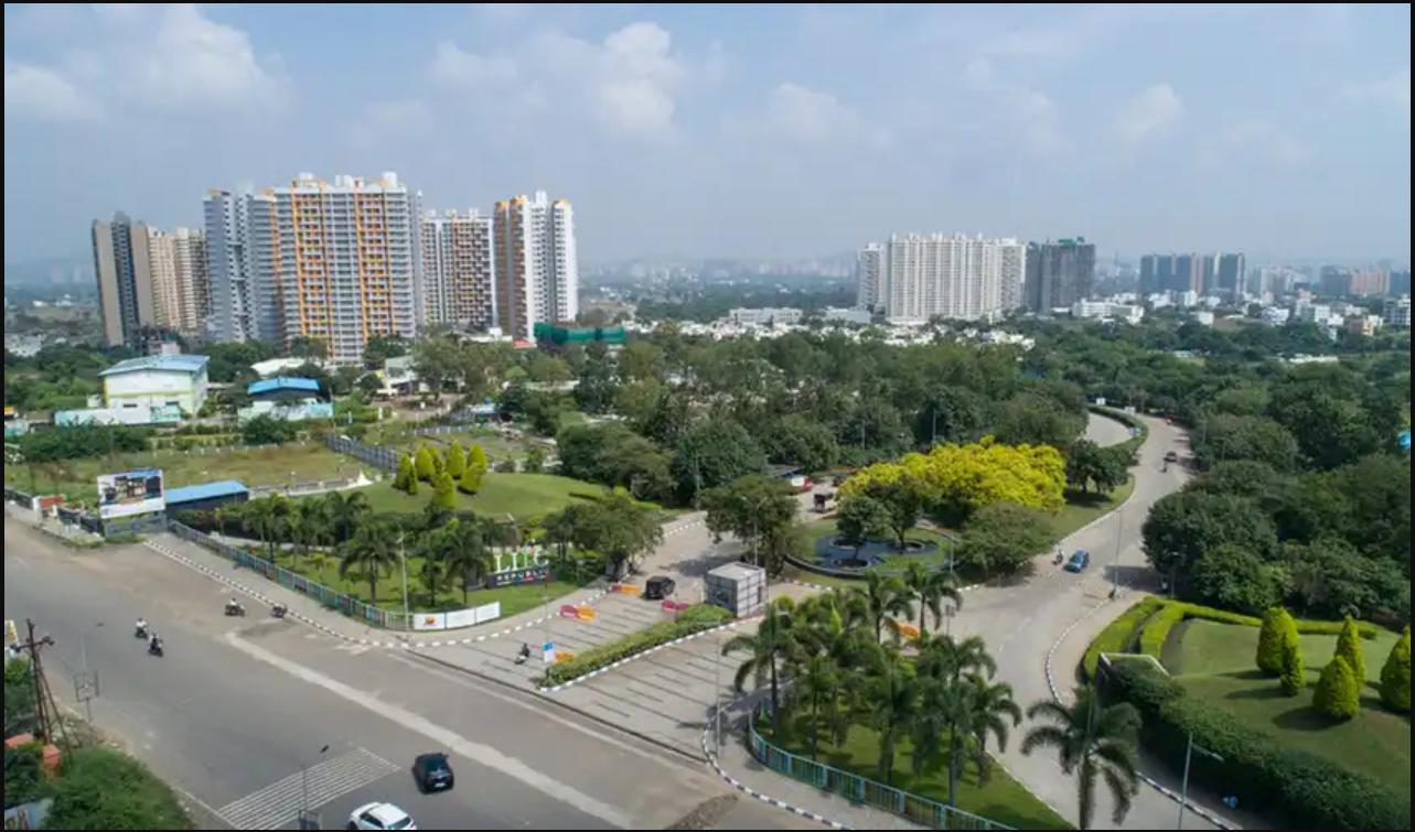 Aerial view of Life Republic integrated township entrance in Pune