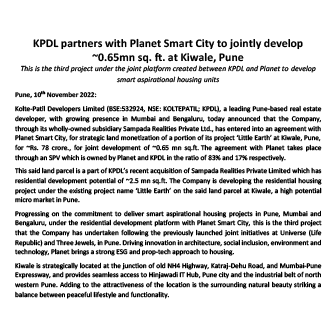 Press Release - Kiwale 10 Nov 22 - Life Republic by Kolte Patil
