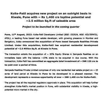 Kolte Patil acquires new project on an outright basis in Kiwle - Life Republic by Kolte Patil