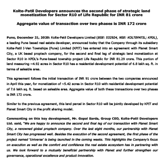 Kolte-Patil Developers announces the second phase of strategic land monetization - Life Republic by Kolte Patil