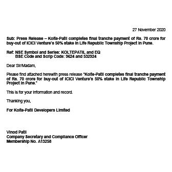 Kolte-Patil completes final tranche payment of Rs. 70 crore - Life Republic by Kolte Patil