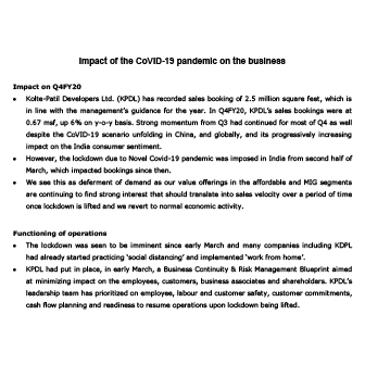 Disclosure of Impact of the CoVID-19 pandemic on the business - Life Republic by Kolte Patil
