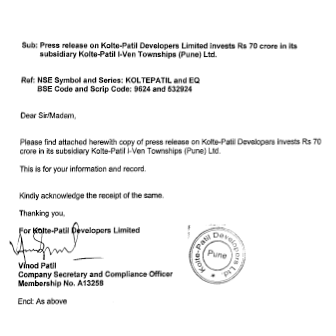 Kolte patil Developers Limited invests Rs 70 crore - Life Republic by Kolte Patil