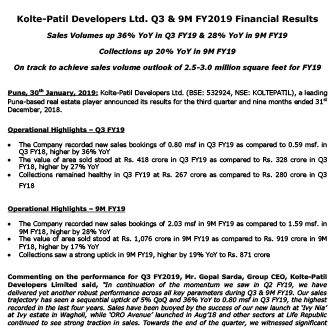 Kolte Patil Developers Ltd. Q3 & 9M FY2019 Financial Results - Life Republic by Kolte Patil