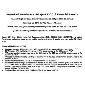 KOLTE PATIL Q4 FY18 FINANCIAL RESULTS - PRESS RELEASE - Life Republic by Kolte Patil