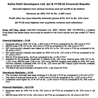 Kolte-Patil Developers Ltd. Q4 & FY2018 Financial Results - Life Republic by Kolte Patil