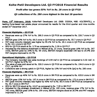 Kolte-Patil Developers Ltd. Q3 FY2018 Financial Results - Life Republic by Kolte Patil