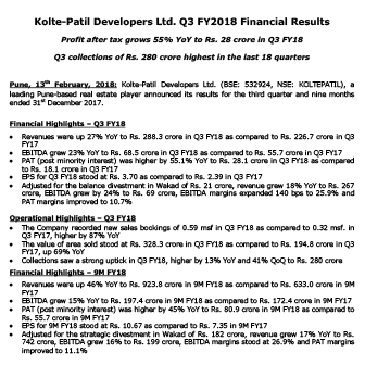 Kolte Patil Developers Ltd. Q3 FY2018 Financial Results - Life Republic by Kolte Patil